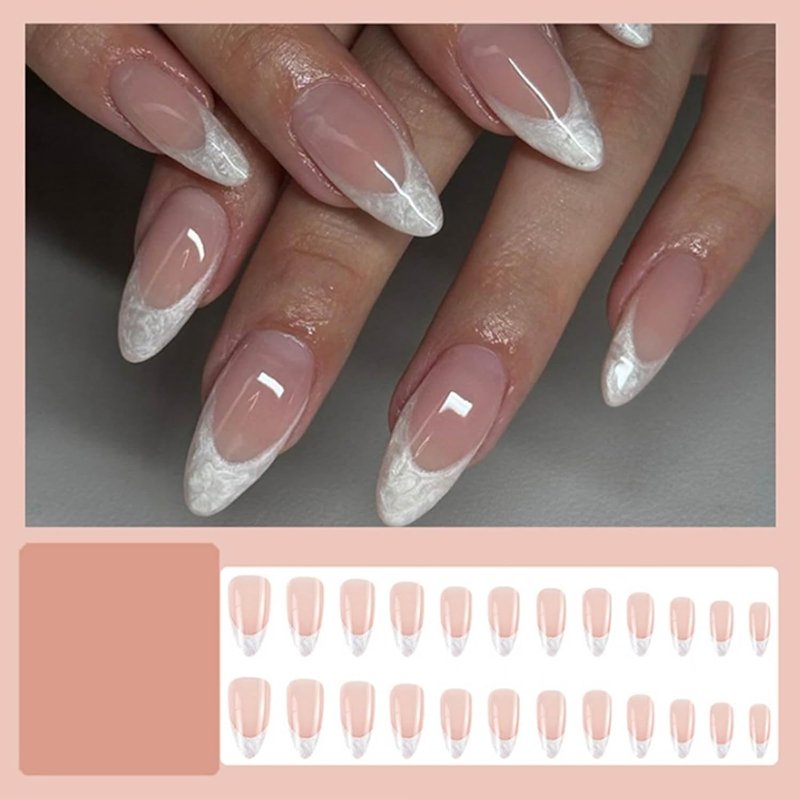Short Almond Press-On Nails - 24-Piece Nude Marble Set | Elegant & Durable French Fake Nails for Instant Manicure