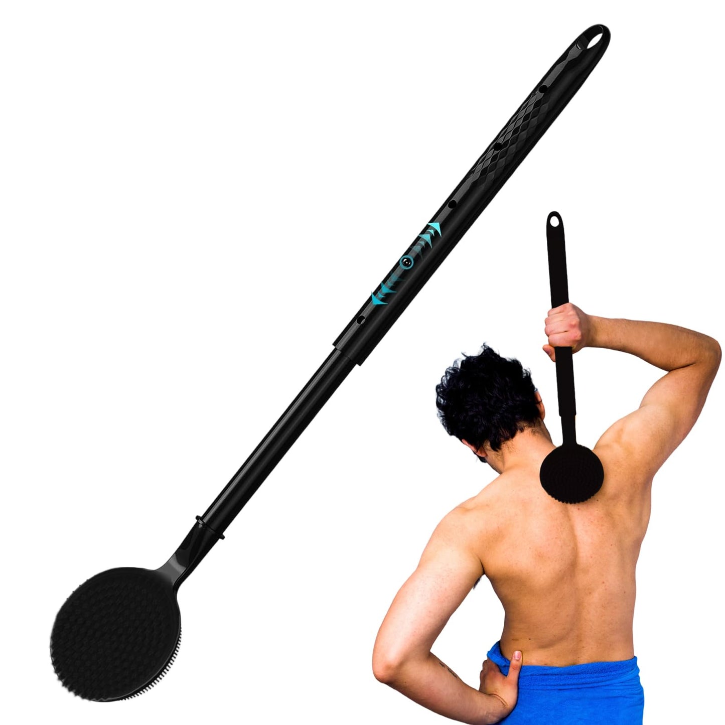 Silicone Back Scrubber for Shower, 16''- 24' Adjustable Long Handle Shower Back Brush, Dual-Sided Body Brush for Exfoliating, Massage & Rich Foam, Perfect Bath Scrubber for Men, Women