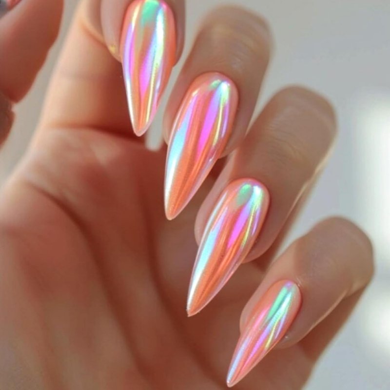 24Pcs Chrome Press-On Nails - Medium Almond Pink Aurora Glossy Full Cover Acrylic Nail Tips for Quick Manicure