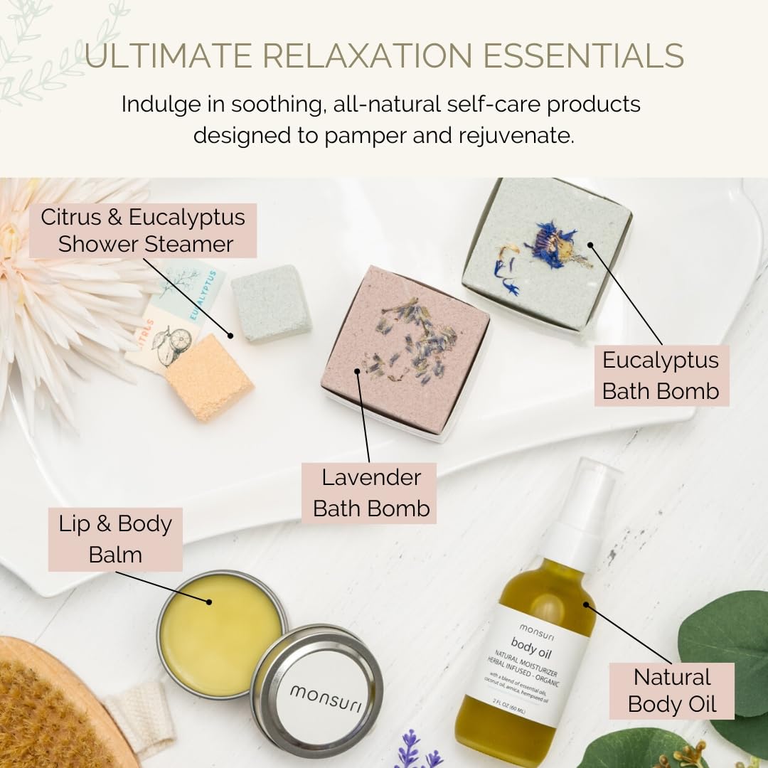 Muscle Relaxing Spa Gift Set for Women | Bath & Body Care Package with Natural Body Oil, Balm, Bath Bomb. Relaxation Self Care Package for Sore Muscles.