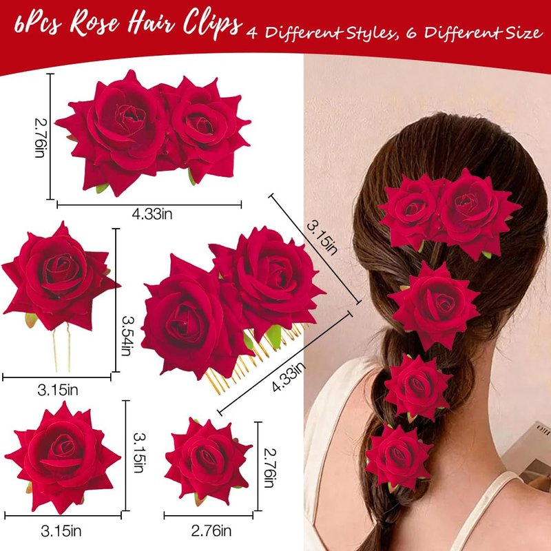 Red Rose Hair Clips by [Brand Name] - 6 Floral Barrettes for Weddings & Parties | Elegant Hair Accessories