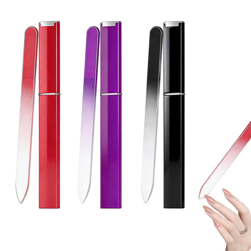 Czech Glass Nail File,3PCS Glass Nail File Set for Natural Nails,Double Sided Glass Files for Nails with Cases,Professional Manicure Nail Care for Women (Purple+Black+Red)