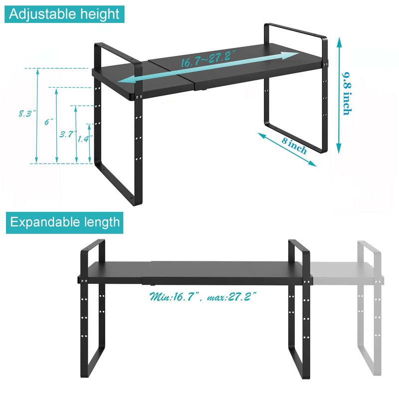 iPEGTOP 2 Pack Expandable Cabinet Storage Shelf Organizer Rack, Heavy Duty Steel Metal Spice Rack Adjustable Height Office Garage Pantry Shelf Space Riser for Counter Kitchen Organization, Black