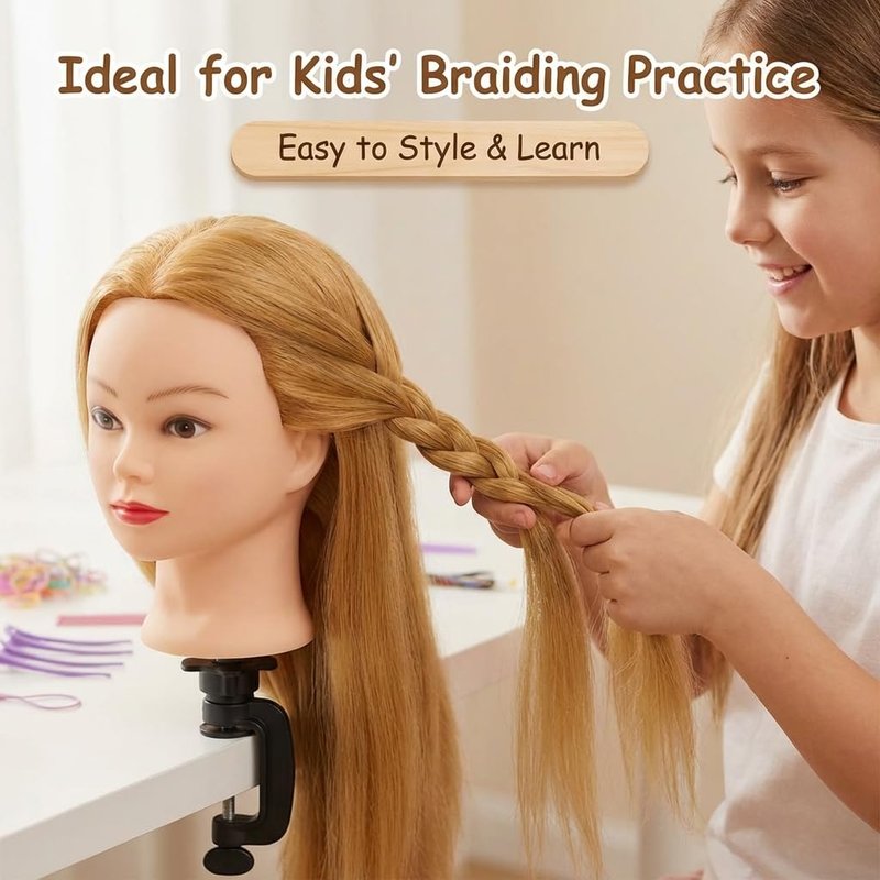 80% Real Hair Mannequin Head for Kids Braiding, Practice Training Doll Head for Hairstyle Styling Braiding Cosmetology (golden-26-28)