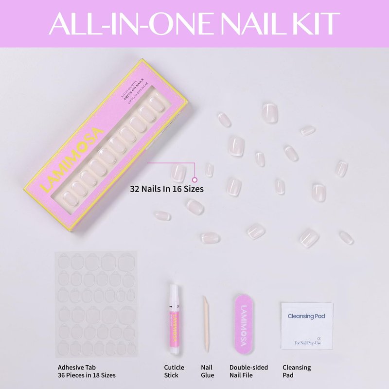 LAMIMOSA 32Pcs Milky White French Tip Press on Nails Short Square - Soft Gel Fake Nails in 16 Sizes, Reusable Glue on Nails Kit, False Nails, MILKY FRENCHY