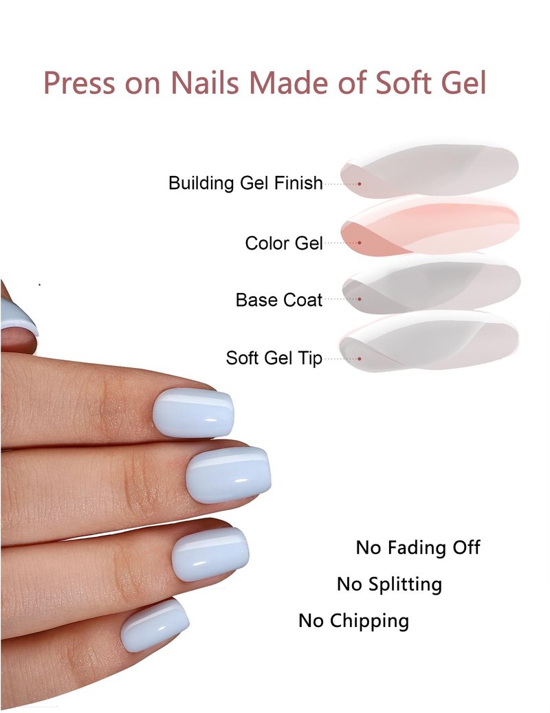 Short Square Press On Nails (Soft Sky) Reusable Natural Stick On Nails with Glue in 15 Sizes – 32 Soft Gel Fake Nails Kit