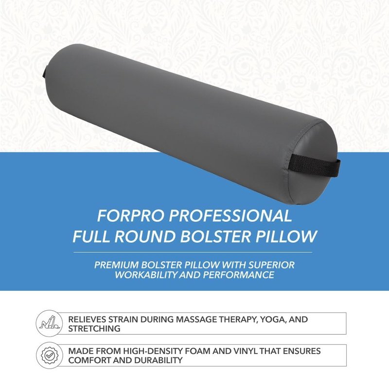 ForPro Full Round Bolster Pillow - Cool Grey, Oil & Stain-Resistant for Massage & Yoga, 6” R x 26” L