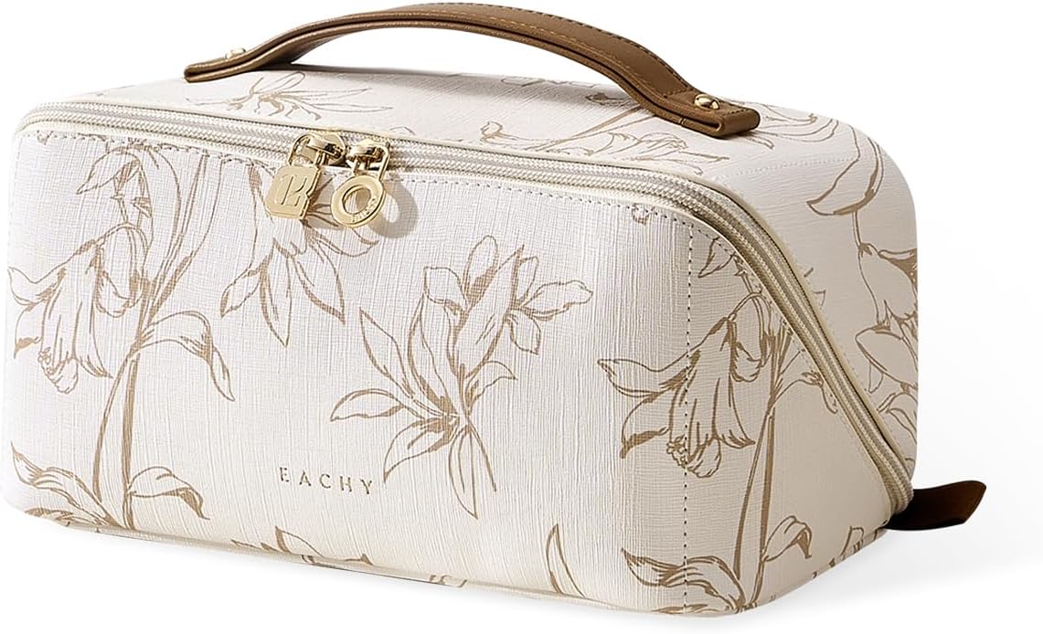 Travel Makeup Bag - Large Capacity Waterproof Cosmetic Pouch for Women | Open Flat Design (Beige)
