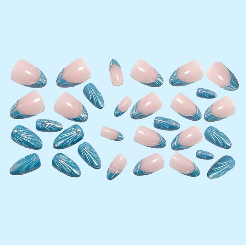 30Pcs Short Almond Press on Nails 3D Blue French Tip Fake Nails with Aurora Glitter Designs Ocean Press on False Nails Pearl Acrylic Nail Full Cover Artificial Stick on Nail for Women