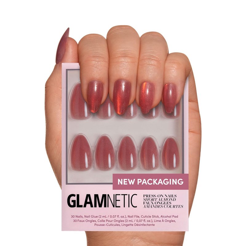 Glamnetic Press On Nails - Rosé | Short Almond Rosy-Pink Fake Nails with a Mesmerizing Metallic Finish | 15 Sizes - 30 Nail Kit with Glue