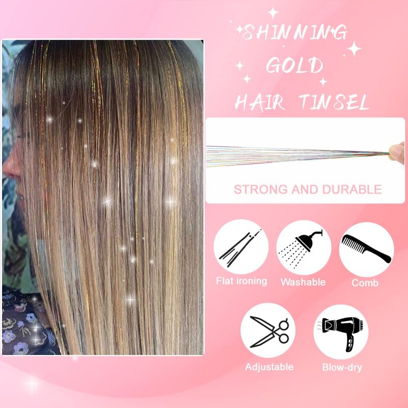 Hair Tinsel Kit, Fairy Hair Tinsel with Tools 48 Inch Hair Tinsel Heat Resistant Glitter Tinsel Hair Extensions