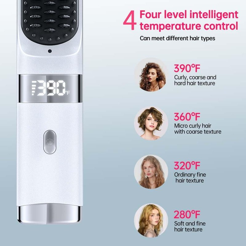 Skiennix Cordless Hair Straightener Brush - Portable Travel Comb with Fast Heating & LCD Display (White)
