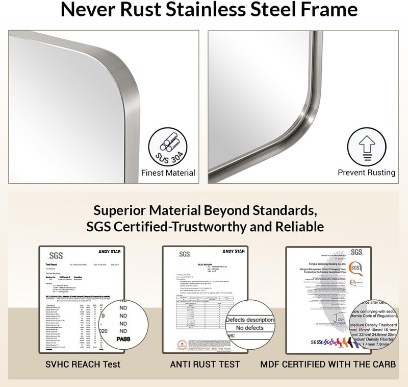 ANDY STAR Brushed Nickel Bathroom Mirror - 30”x40” Rounded Rectangle Design | Premium Stainless Steel Frame, Versatile Hanging Options