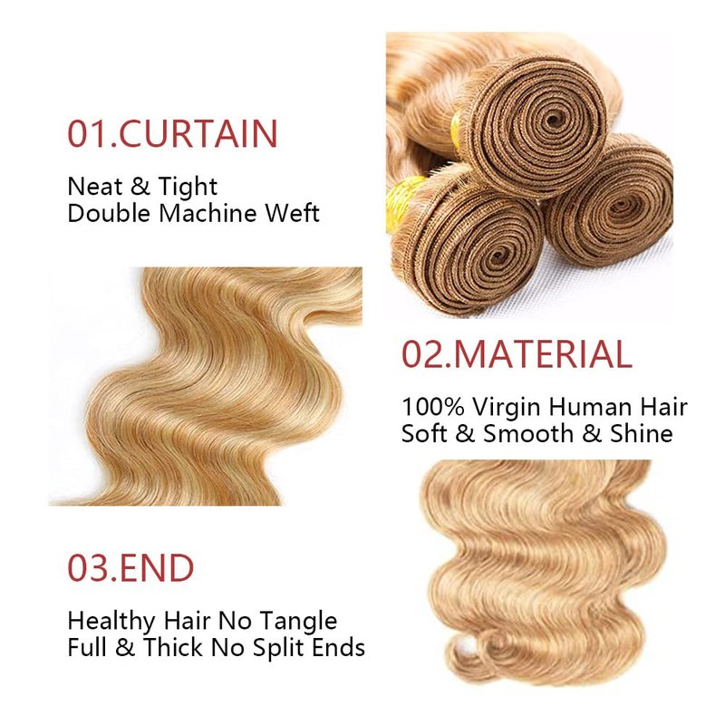 Skiennix Blonde Body Wave Hair Extensions - 3 Bundles of Unprocessed Virgin Brazilian Hair | 8, 10, 12 Inch