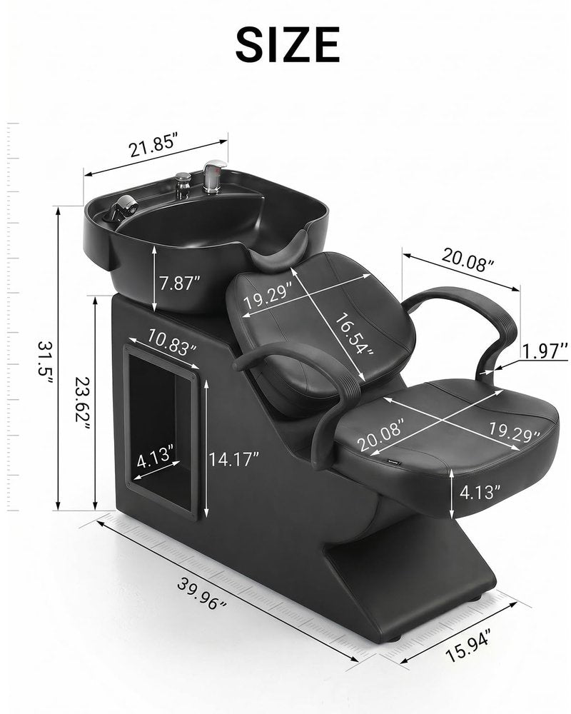 IJIALIFE Shampoo Bowl and Chair Set for Salon, Hair Washing Station for Hair Stylist, ABS Shampoo Bowl Sink Chair with Side Store Compartment for Spa Beauty Barbershop, Black
