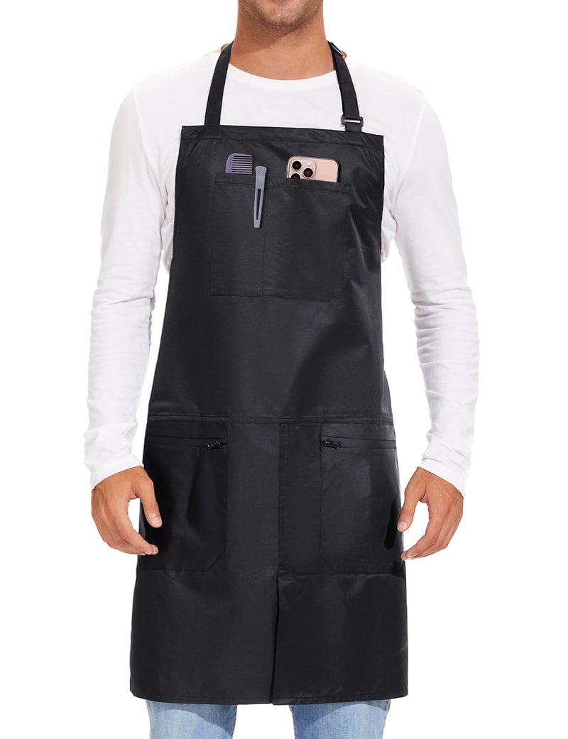 izzycka Barber Apron,Hair Stylist Apron with Zipper Pockets - Salon Aprons Pu Waterproof Protective Coated - Bleach Proof hair cutting apron for Women/Men. Cosmetologist -Dog Grooming Apron Black