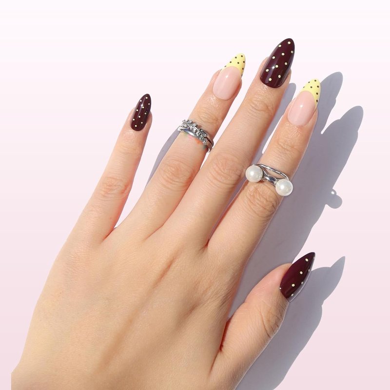 Nail Reformation Press On Nails - Polka Dot French Tip Almond Nails in Chocolate Cream Nude | 30-Piece Reusable Kit
