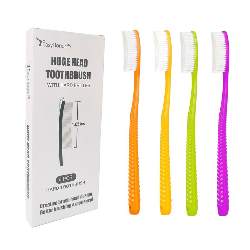 EasyHonor Huge Head Toothbrush with Hard & Firm bristles BPA Free for Proper Dental Care 4 Pack with White Hard Bristles.