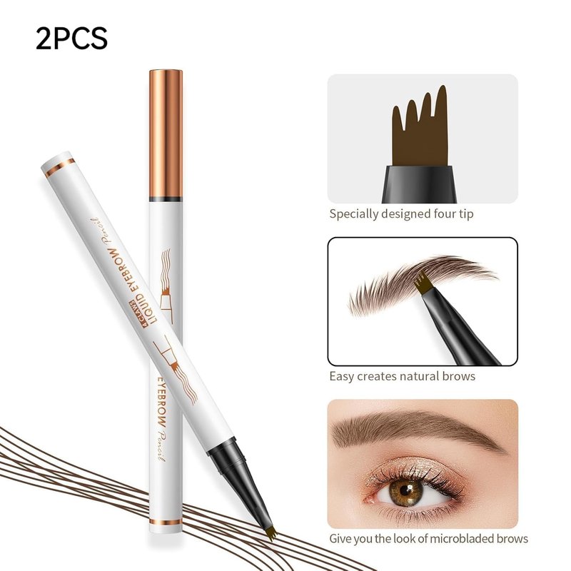 2 Pcs Microblading Eyebrow Pen, Upgraded 3D Waterproof 4-Tip Eyebrow Pencil, Natural Makeup Long-Lasting Fine Stroke Magic Eyebrow Pencil for Women Stay on All Day (Dark Brown(2 Pcs))