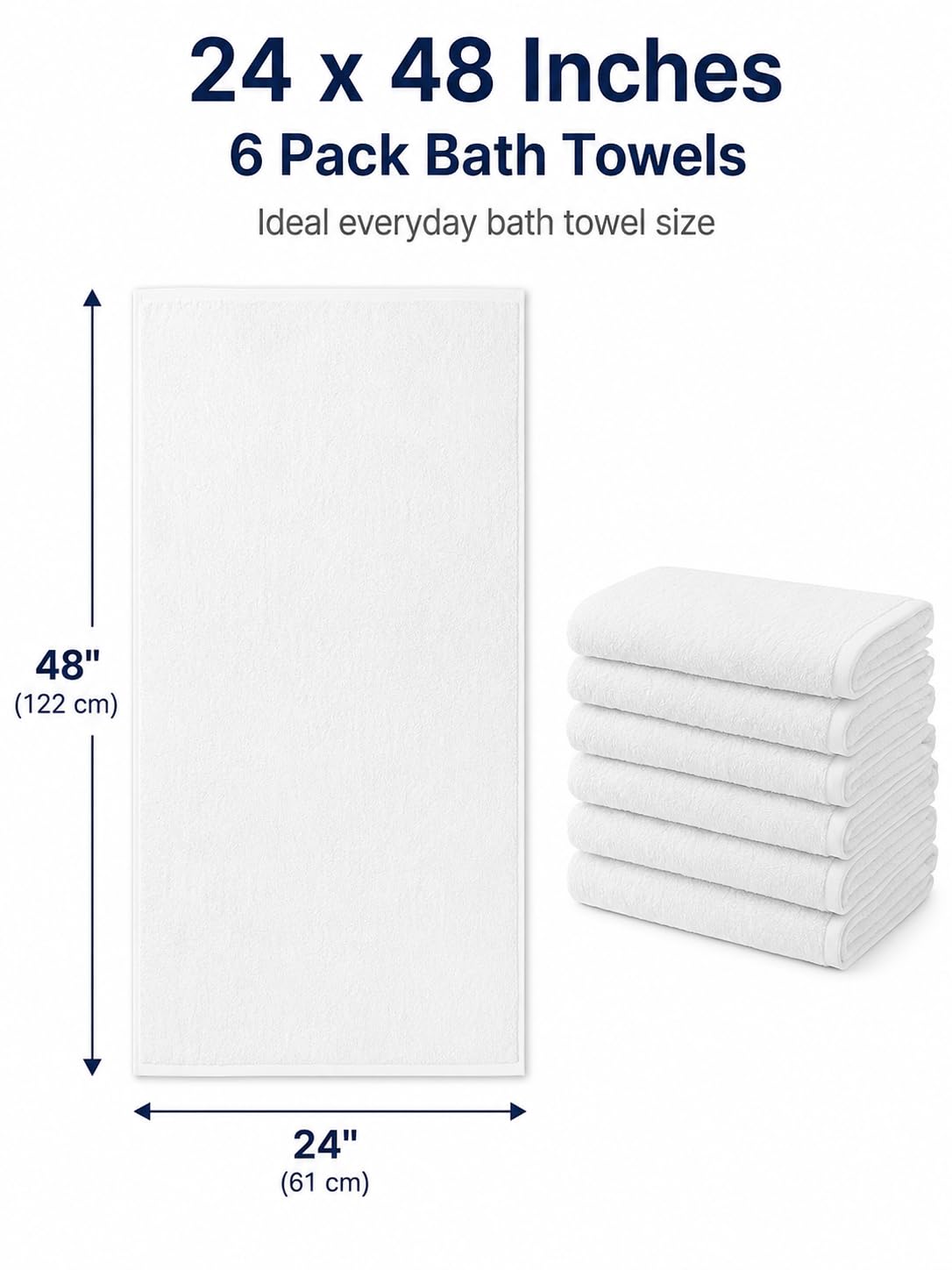 BIOLINEN White Bath Towels Set 6 Pack 24x48, 100% Cotton Towels for Bathroom, Soft Absorbent Quick Dry Towels for Gym Spa Hotel Pool, Bulk Bath Towel