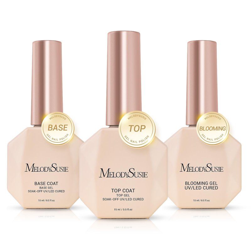 MelodySusie Top Coat Blooming Gel Base Coat No Wipe Glossy Set Long Lasting Shine Finish Soak Off UV LED Nail Lamp Nail Art Design Manicure Kit Perfect Gifts for Women Girls 3 Pcs 15ml Clear