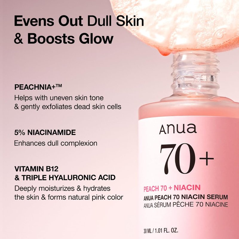 Anua Peach 70 Niacinamide Serum, Daily Glow Serum For Face, Skin Tone & Dullness Care with Vitamin B12, Lightweight, Hydrating For Glass Skin Effect, Korean Skin Care, 1.01 fl.oz