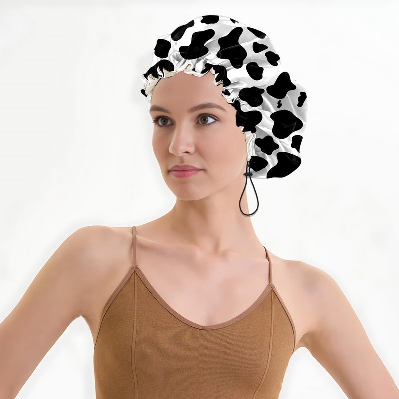 BHAHB Luxury Shower Cap Satin Lined Reusable Waterproof Double Layer Elastic Adjustable Hair Bath Cap Cute Aesthetic Women Girls-Cow Leopard