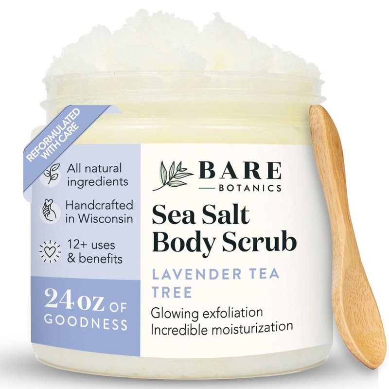 Lavender Tea Tree Body Scrub - All-Natural Sea Salt Exfoliator | 24oz Vegan Moisturizer with Wooden Spoon