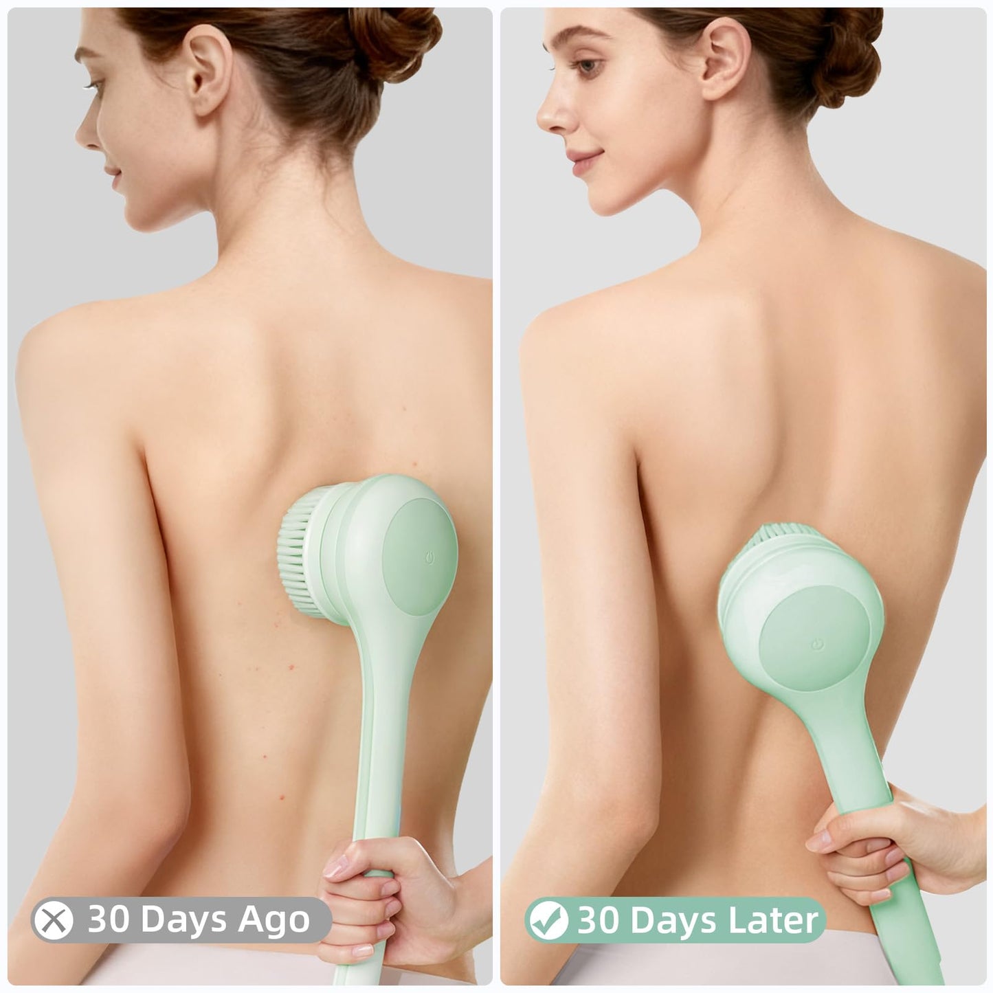 Oh,XIYU. Electric Body Brush Back Scrubber for Shower, Waterproof Long Dual Handle Body Scrubber with 3 Heads, Bath Brush & 2 Speeds, for Cleansing, Exfoliating and Massaging Skin, Pale Cypress Green