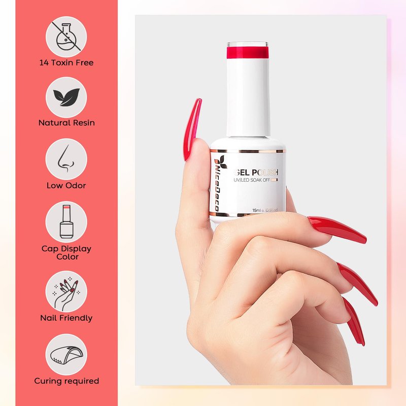 Nicedeco Hema Free Cruelty Free Vegan Gel Nail Polish 1 Pcs 15ml Red Color Soak Off LED U V Gel for Nail Art Manicure Salon DIY -011