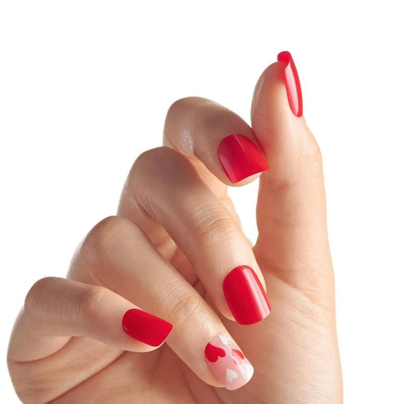 KISS imPRESS Press-On Nails - Valentine’s Day Full Heart Design, Red Short Squoval | 30 Nails, Prep Pad & Mini File Included
