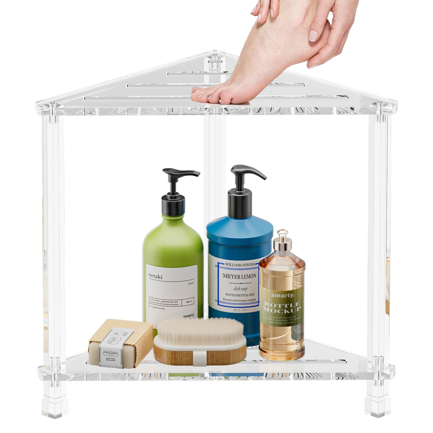 YUNEASELF Corner Shower Stool 16in: Waterproof Small Foot Rest with Anti-Slip Feet for Shaving Legs - Acrylic Corner Shower Bench with Storage Shelf for Inside Spaces