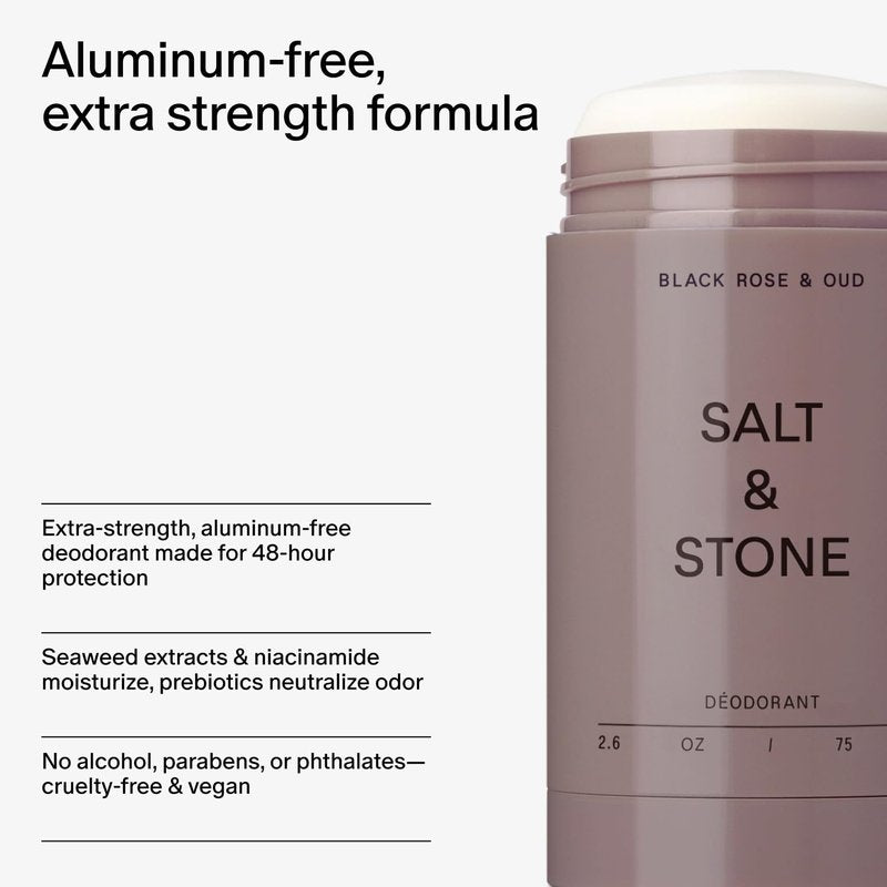 Salt & Stone Aluminum Free Deodorant | Extra Strength 48 Hour Protection for Women & Men | Made with Seaweed Extracts, Niacinamide & Prebiotics | Black Rose & Oud