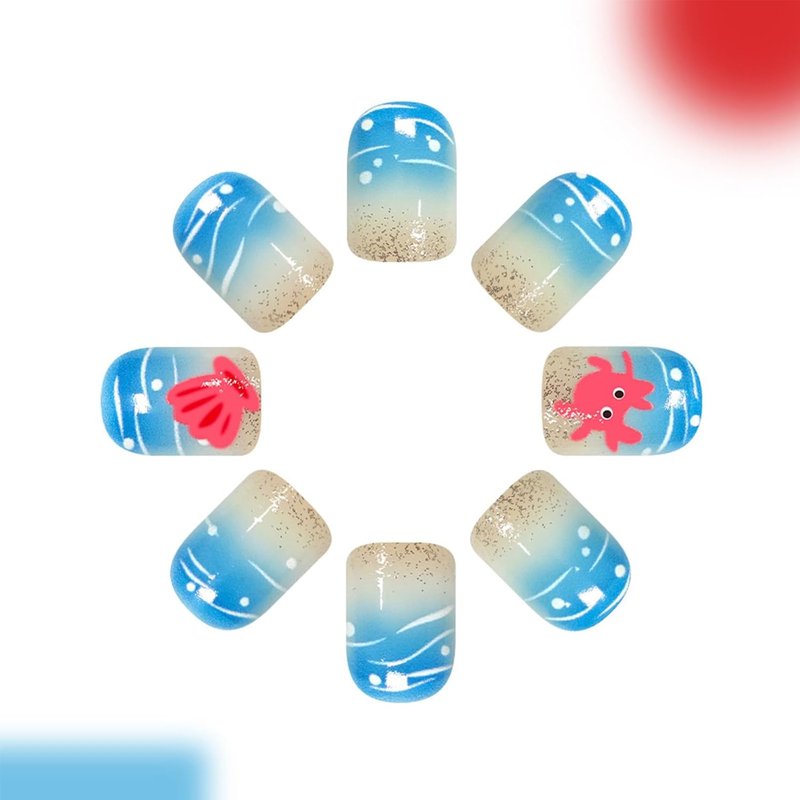 Skiennix Beach Press-On Nails - Short Square Blue Wave Glitter Design | 24 Pcs Reusable Summer Nails