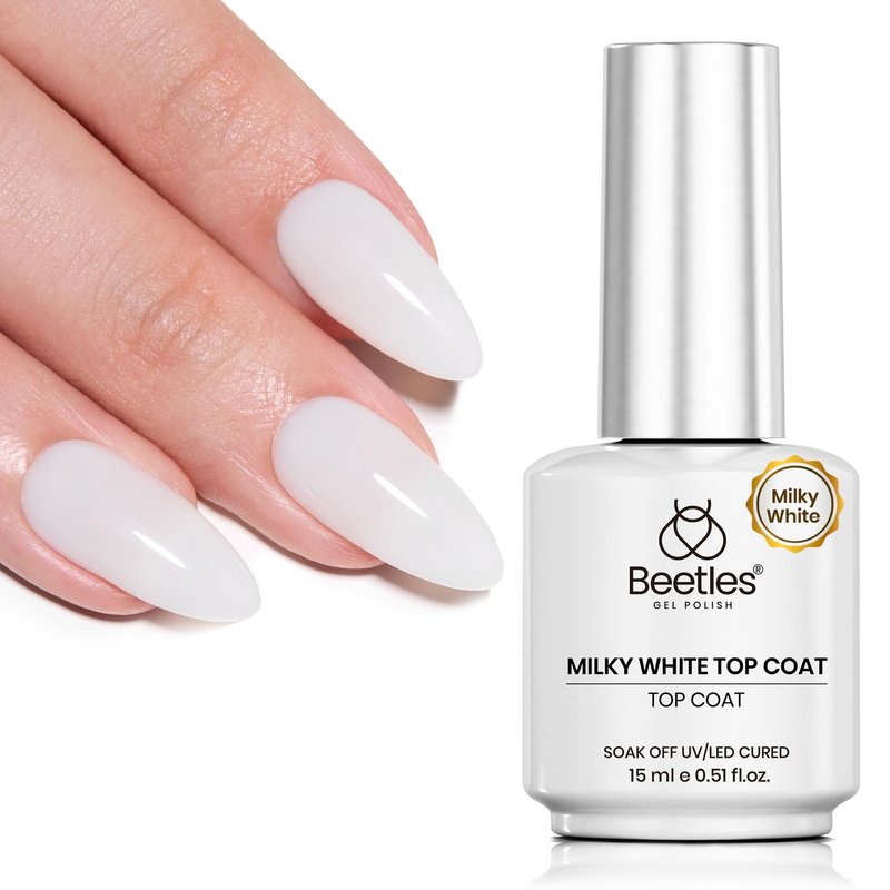 Beetles Milky White Gel Top Coat 15ML - 2-in-1 No Wipe Top Coat Gel Nail Polish Non Yellowing White Shine Finish and Long Lasting, Soak Off UV LED Nail Lamp, Nails Art Design Manicure Gifts for Women