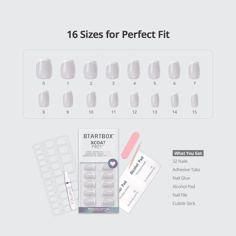 BTArtbox Press On Nails - Classic White French Tip Square Nails | 30-Piece Glue-On Kit in 15 Sizes for Weddings