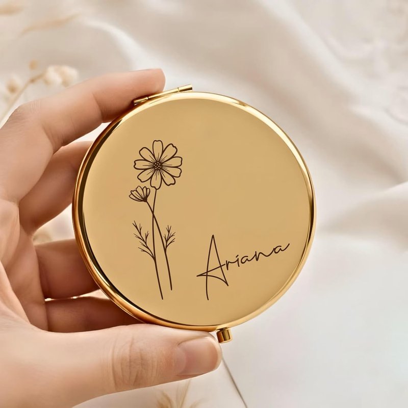Personalized Travel Mirror - Birth Flower & Name | 2x/1x Magnifying Small Cosmetic Gift for Bridesmaids, Mothers, Graduates