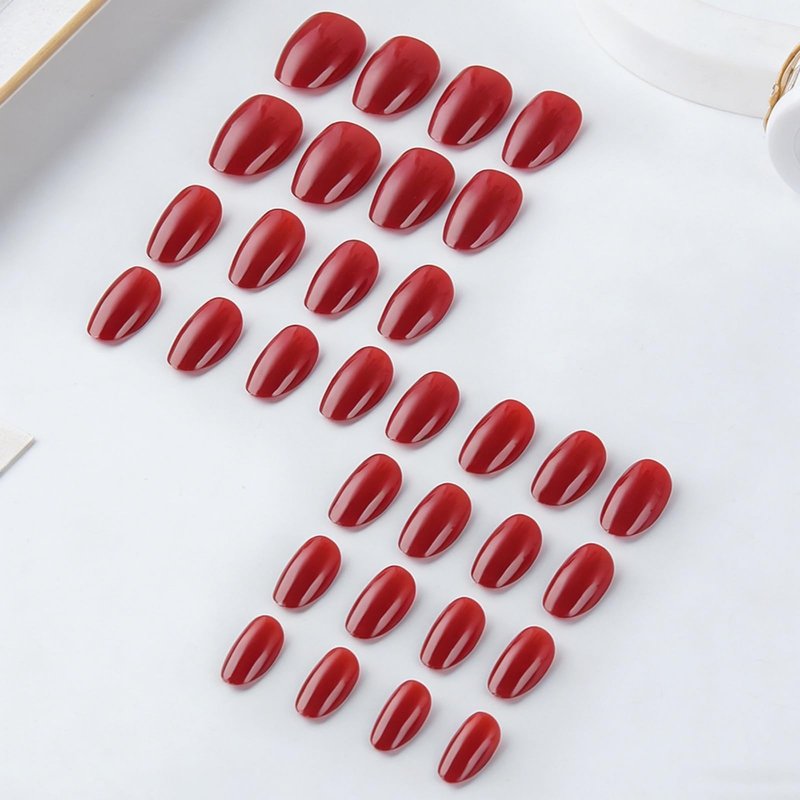 Red Press On Nails Short Almond Fake Nails Glossy Full Cover Solid Color Stick On Nail for Women Manicure 32Pcs
