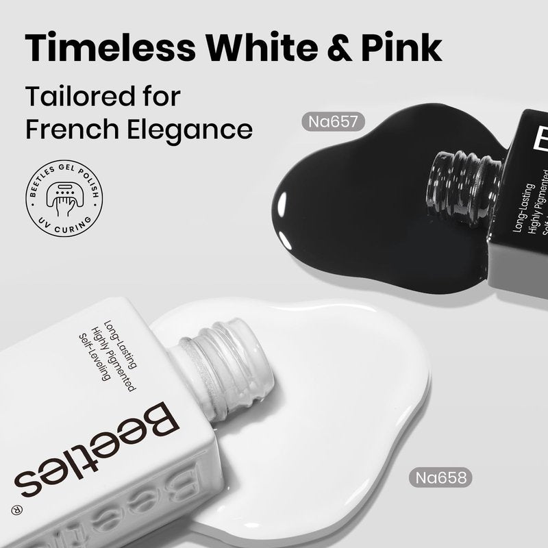 Beetles Black White Gel Polish - Twin Dialogue Collection, 4pc 10ML French Nails HEMA-FREE Black and White Colors with Base Top Coat Uv LED Lamp Salon DIY at Home Nails