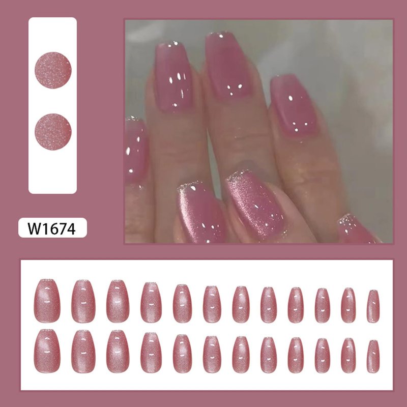 Pink Cat Eye Press-On Nails - Medium Coffin Glossy Glitter Full Cover | 24 Pcs Reusable Acrylic for Women