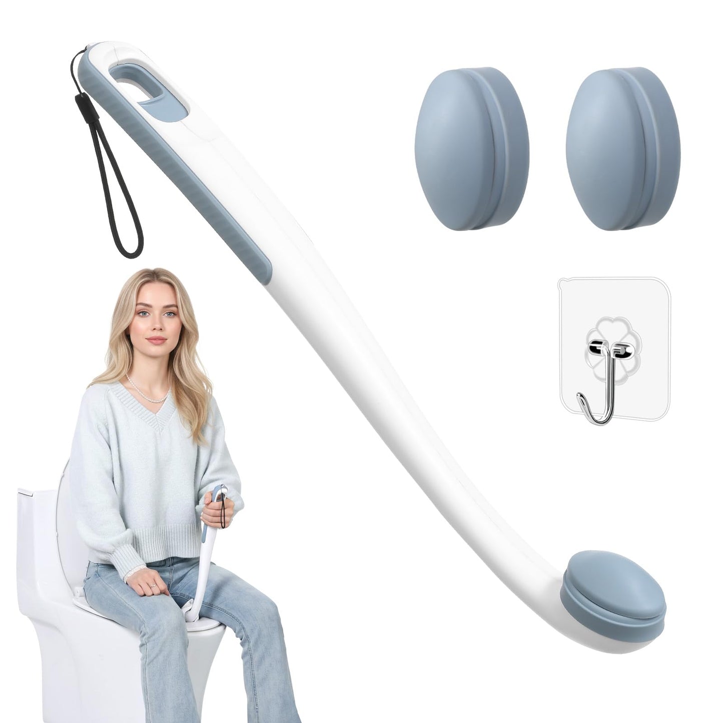 Chonario Toilet Aids for Wiping Bottom, 16.5" Long Reach Comfort Wipe - Butt Wiper Tool with Replaceable Head & Wrist Strap - Bottom Buddy Wiping Aid for Elderly, Disabled, Overweight, Post-Surgery