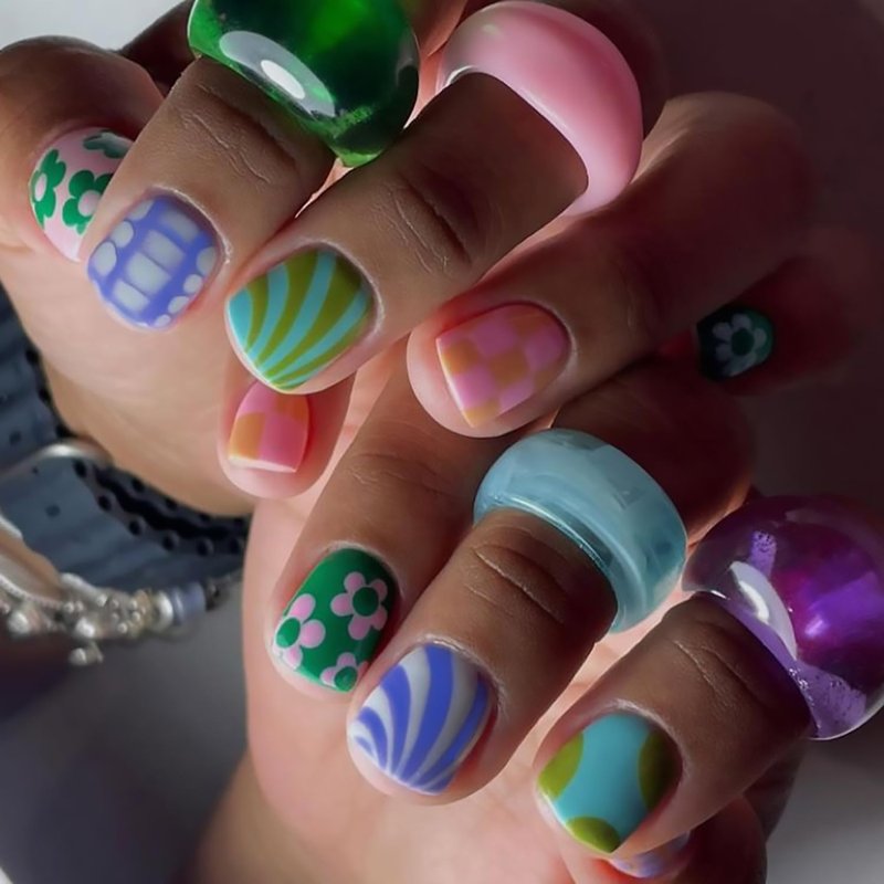 Colorful Press-On Nails - 24Pcs Short Square Acrylic Nails with Flower & Stripe Designs | Full Cover Glossy Artificial Nails for Women