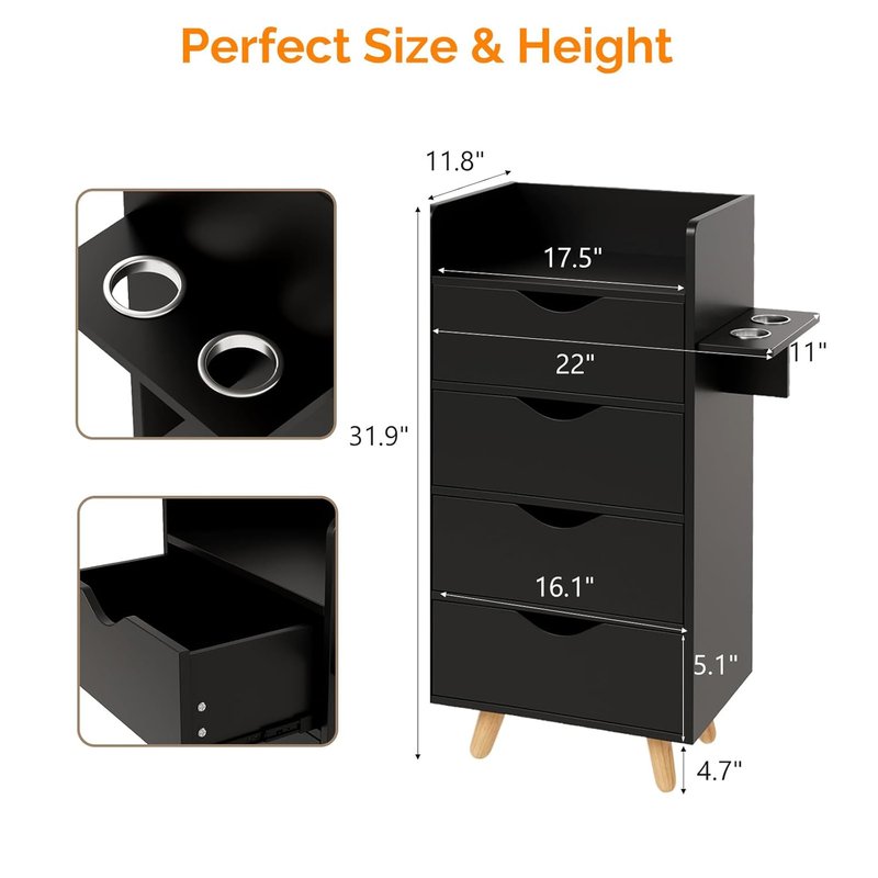 OmySalon 4-Layer Salon Storage Cabinet | Beauty Styling Station Organizer with 2 Hair Dryer Holders & 4 Drawers - Black