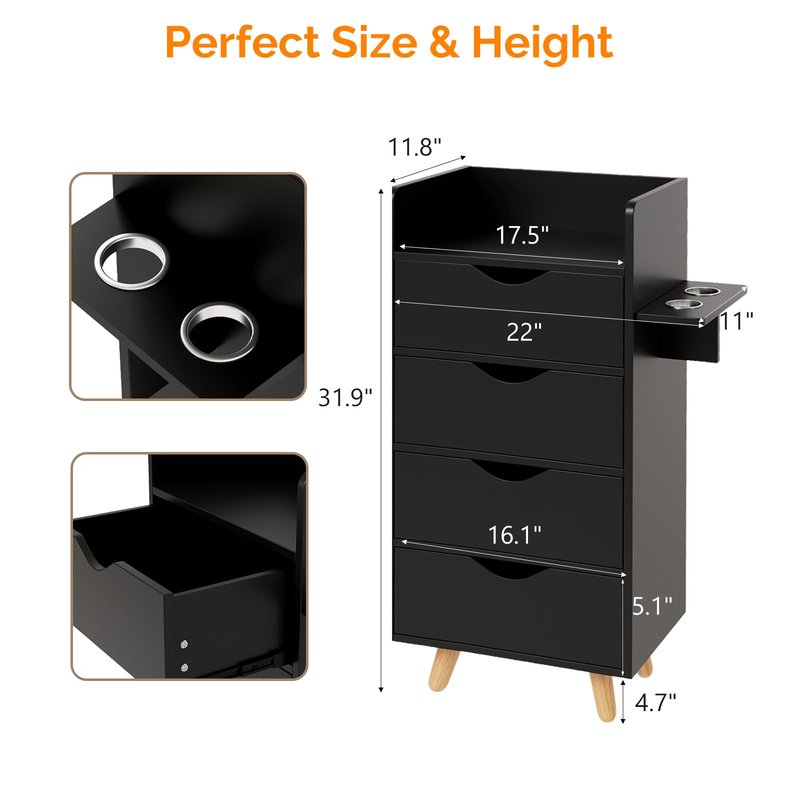 OmySalon 4 -Layer Salon Storage Cabinet,Beauty Barber Salon Styling Station Organizer Equipment,Hair Stylist Station Set with 2 Hair Dryer Holders，4 Drawers and Raised Table Legs, Black