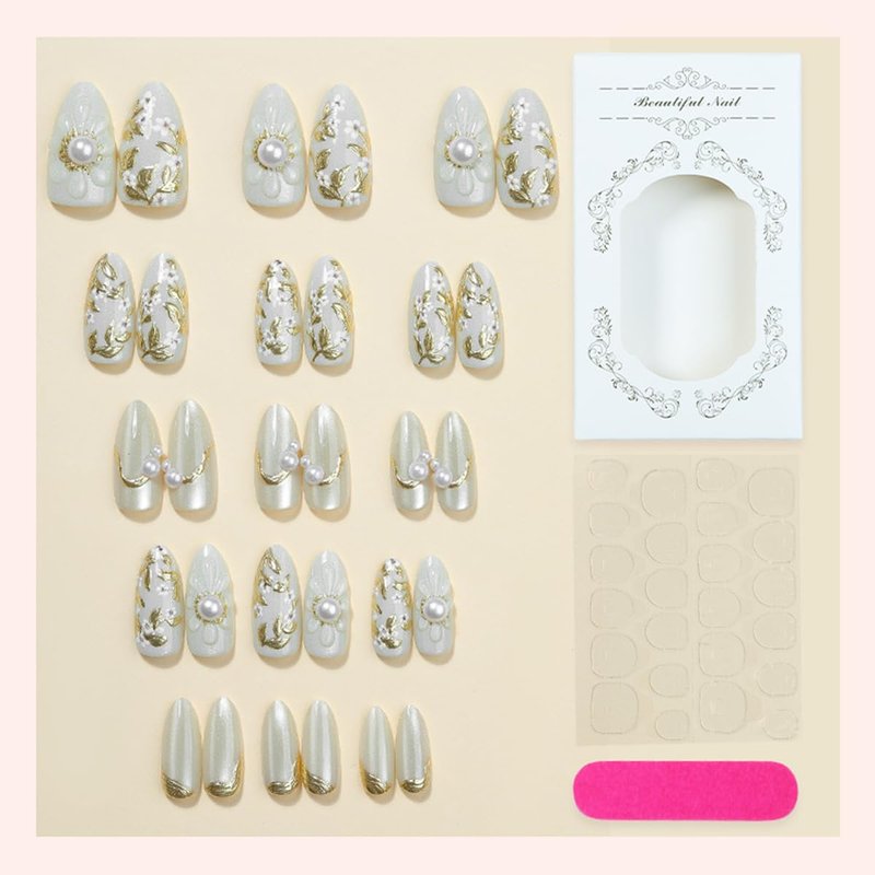 Handmade Press-On Nails - 30 Pcs Medium Almond Shape with 3D Flower & Chrome Gold Foil | Reusable Acrylic Full Cover in Nude White
