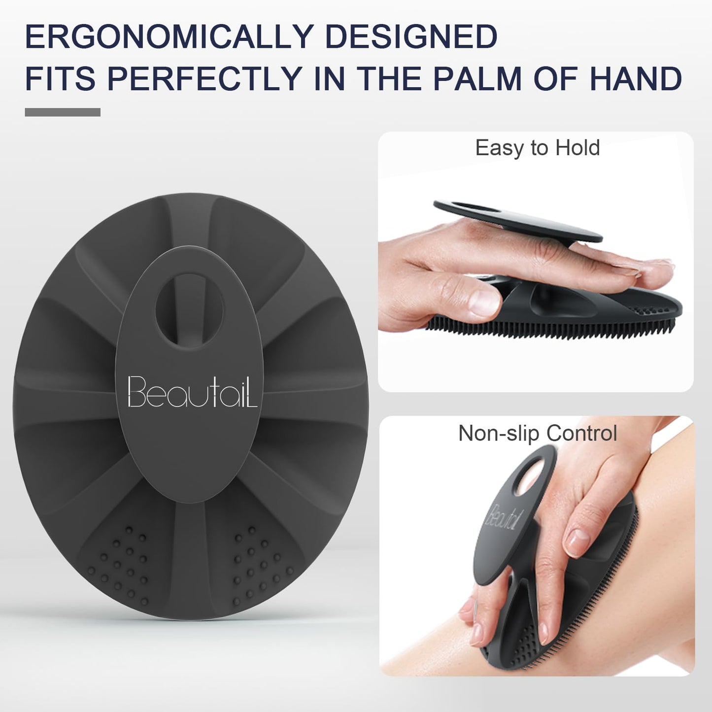 BEAUTAIL Silicone Body Scrubber Shower Bath Wash Brush Gentle Exfoliating Scrub Cleansing Loofah for Women Men Baby Sensitive Skin, Easy to Clean, Lather Nicely, More Hygienic, 1 Pack, Gray