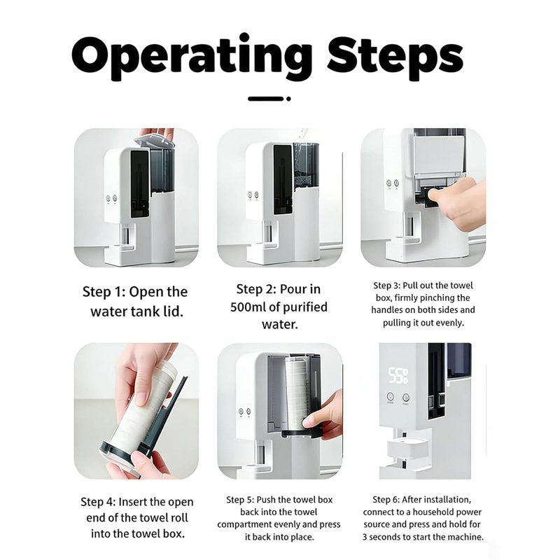 5s Fast Hot Towel Dispenser, 55°C (131°F) Constant Temp, 500ml Tank, Auto-Dry & Safe, Includes 40 Compressed Towels, Portable for Spa, Facial, Bathroom & Home (Hot Towel Heater with 2 Rolls of Towels)