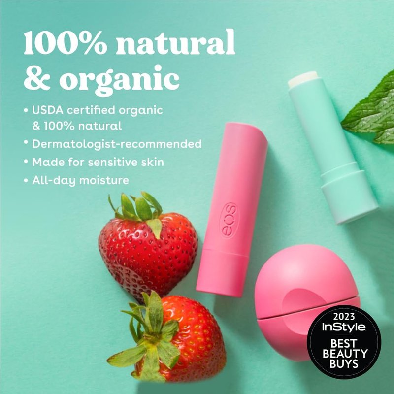 eos 100% Natural & Organic Lip Balm Sticks - Strawberry Sorbet, All-Day Moisture for Sensitive Skin, Dermatologist Recommended, 0.14 oz, 2-Pack