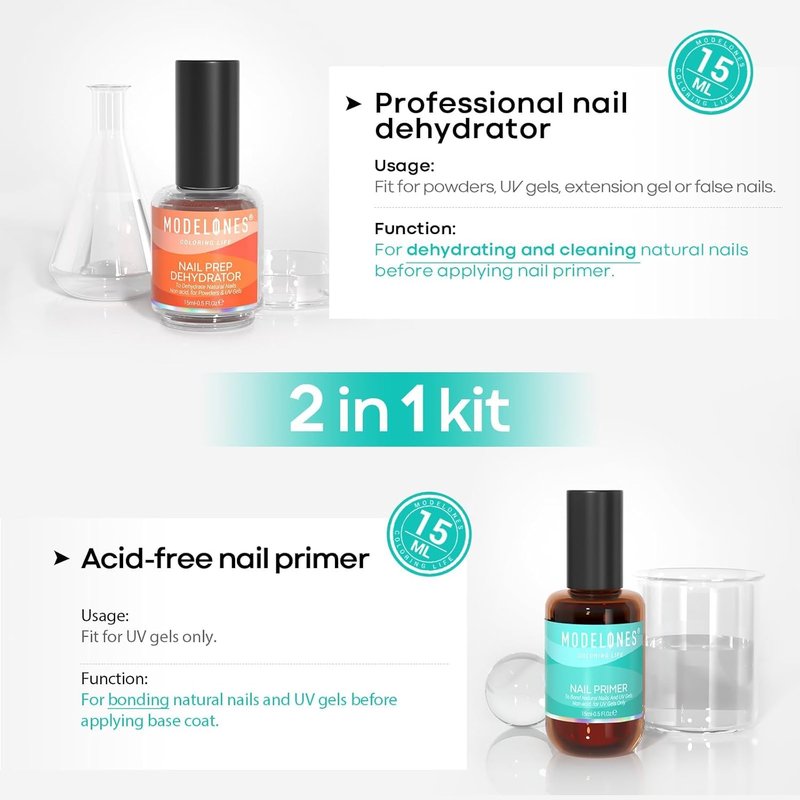 Modelones Nail Dehydrator & Primer Kit | 15ml Acid-Free Base Coat + 6 Brown Gel Polishes