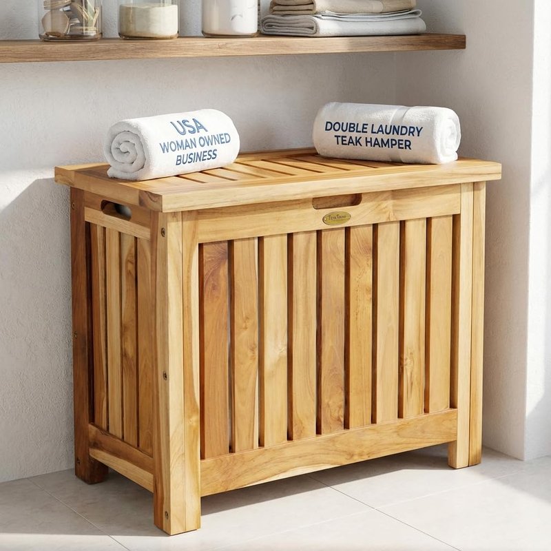 DecoTeak Solid Hamper in Natural Teak, Solid Bench in Natural Teak, 23 inch W x 12.5 inch D x 18.5 inch H